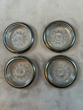 Set of 4 Vintage Leonard Italy Silver Plated Glass Coasters